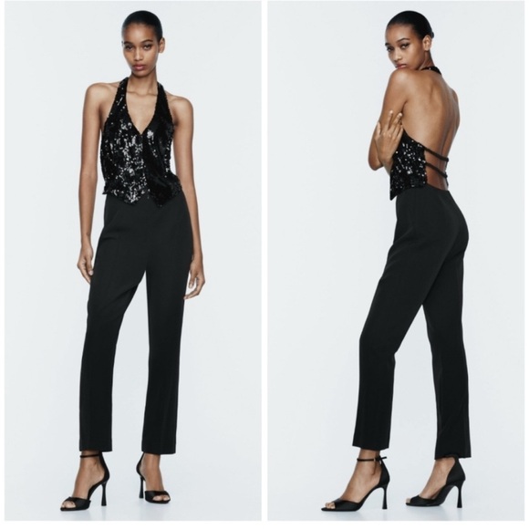 Zara Sequin Vest Halter Jumpsuit Open Back V- neck Black size S - Picture 1 of 12